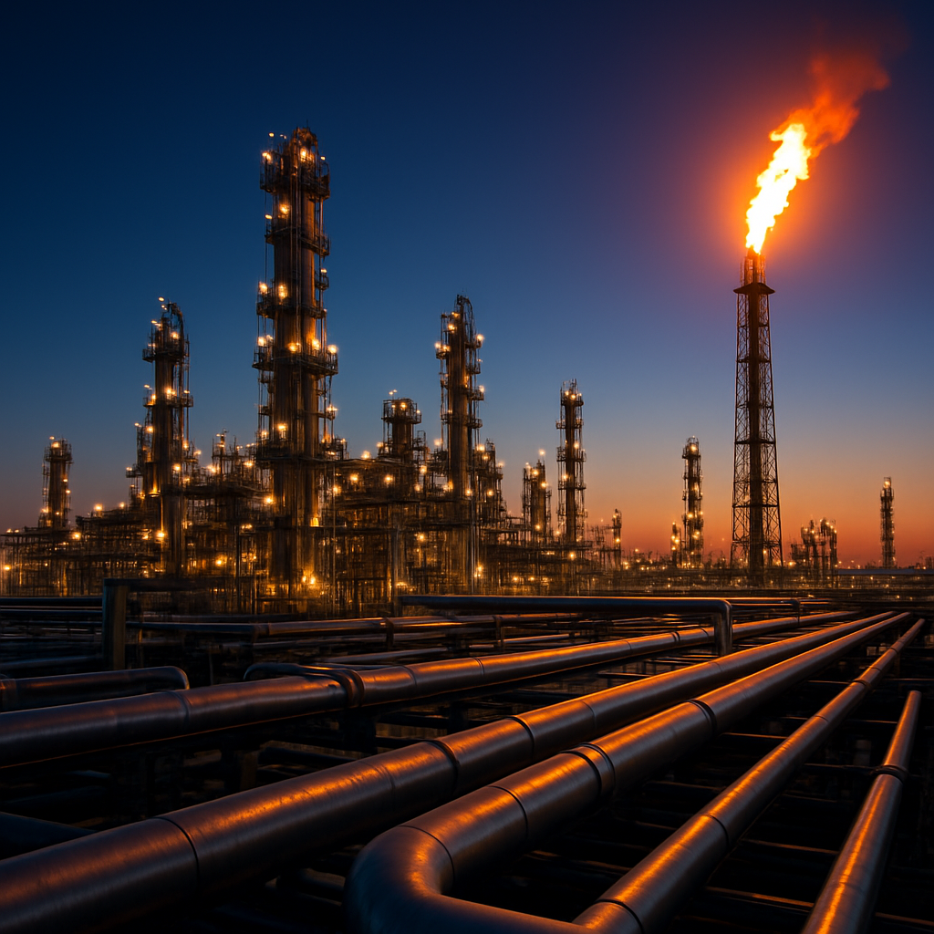 Oil and gas refinery facility at dusk